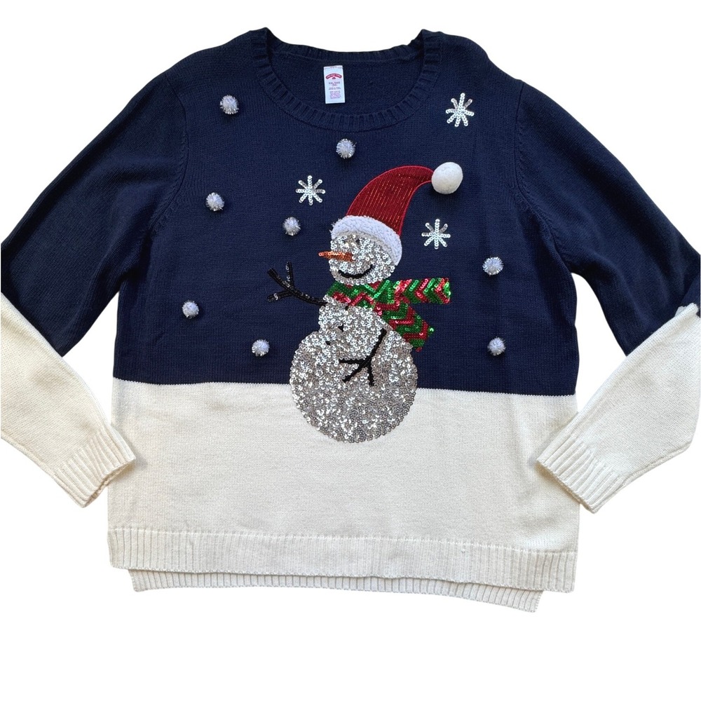 Holiday Time Snowman Sequin Ugly Christmas Sweater Womens 2X 20 Navy‎ White Poms